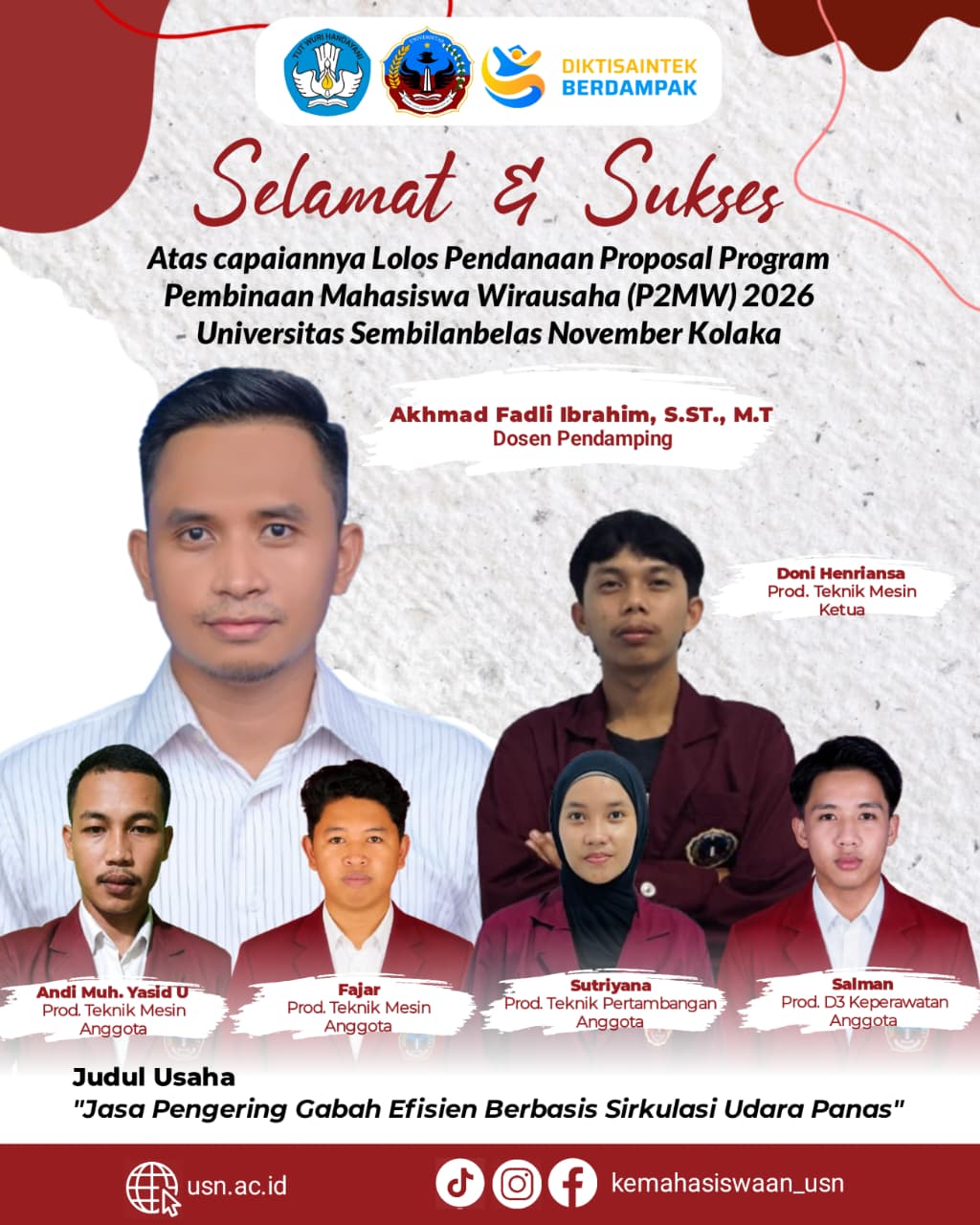 Tim Mahasiswa USN Kolaka Lolos Pendanaan P2MW 2026 Melalui Inovasi Jasa Pengering Gabah Efisien Berb