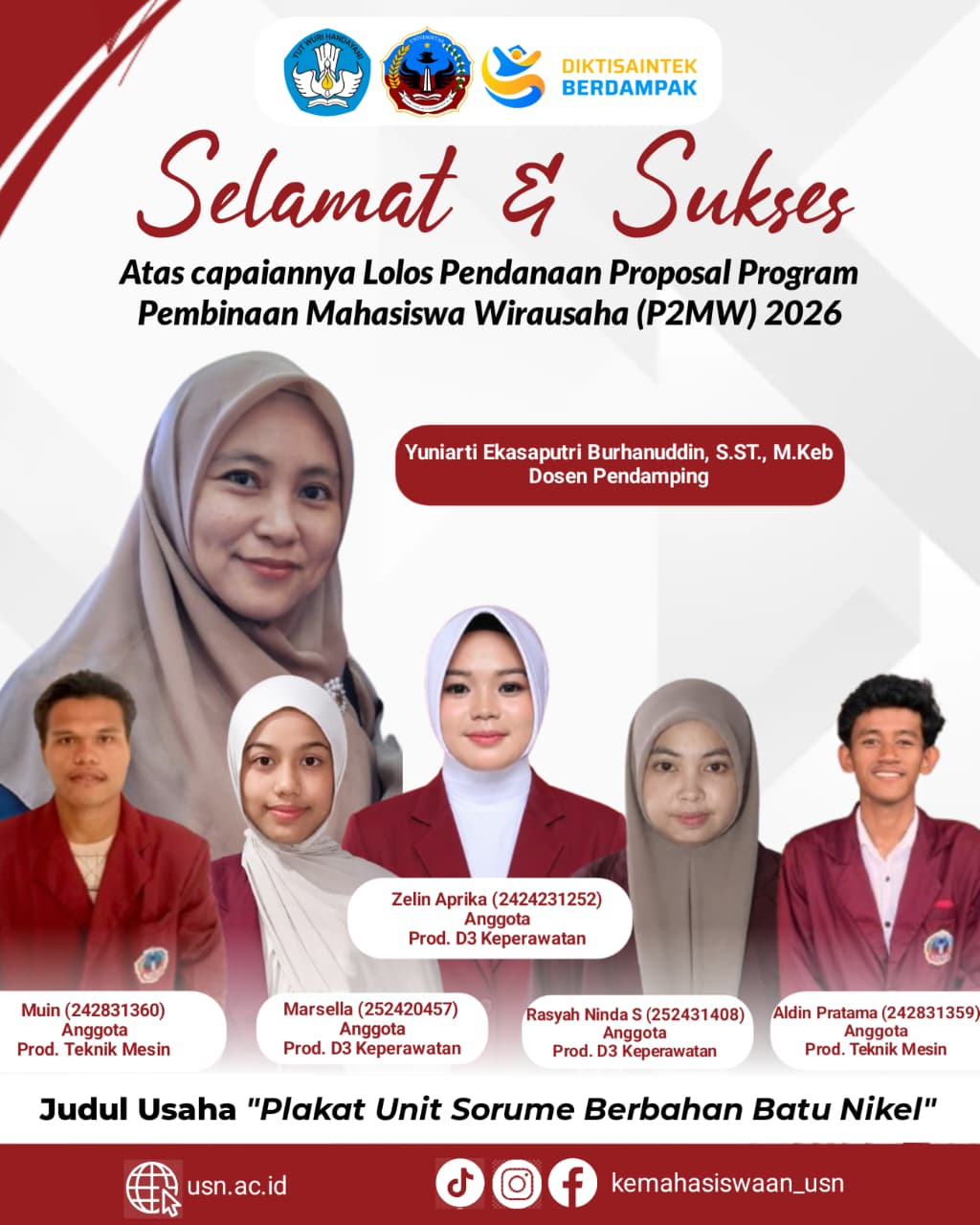 Tim Mahasiswa USN Kolaka Lolos Pendanaan P2MW 2026 melalui Inovasi Plakat Berbahan Batu Nikel